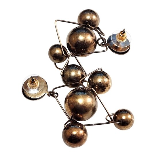 2 1/2" Metal Bead Hoop Pierced Post Earrings Vintage Aged Gold Tone - Picture 2 of 5